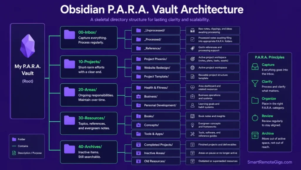 Visual diagram of the recommended P.A.R.A directory structure and daily note template folder mapping inside an Obsidian vault.
