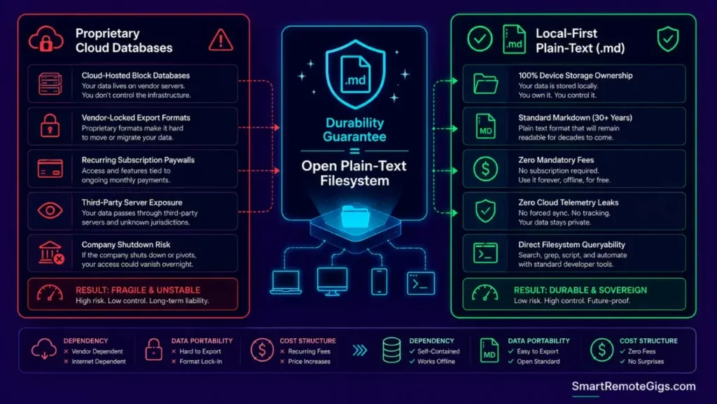 Architecture diagram comparing proprietary cloud note software with local-first plain-text Markdown longevity in Obsidian.