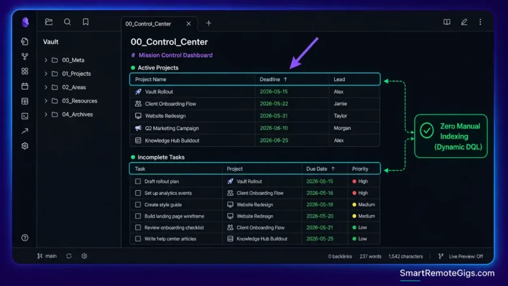 Obsidian Dataview dashboard showing automated active project tables and incomplete task lists generated via DQL queries.