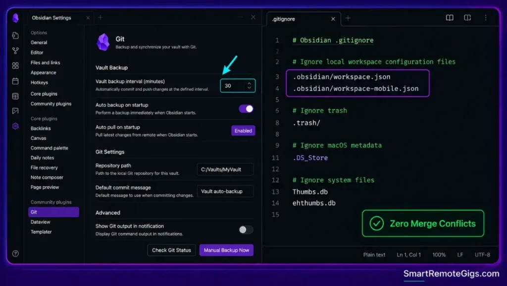 Obsidian Git sync configuration and gitignore setup for automated multi-device vault backup and synchronization.