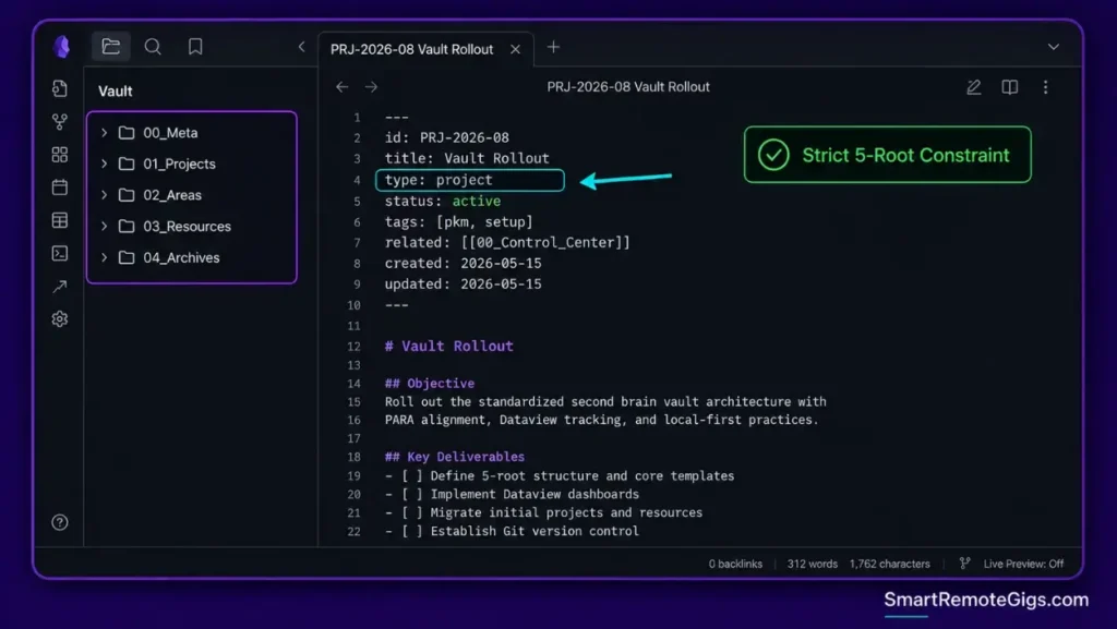Obsidian vault file explorer showing 5 root PARA folders and standardized YAML frontmatter metadata in source mode.