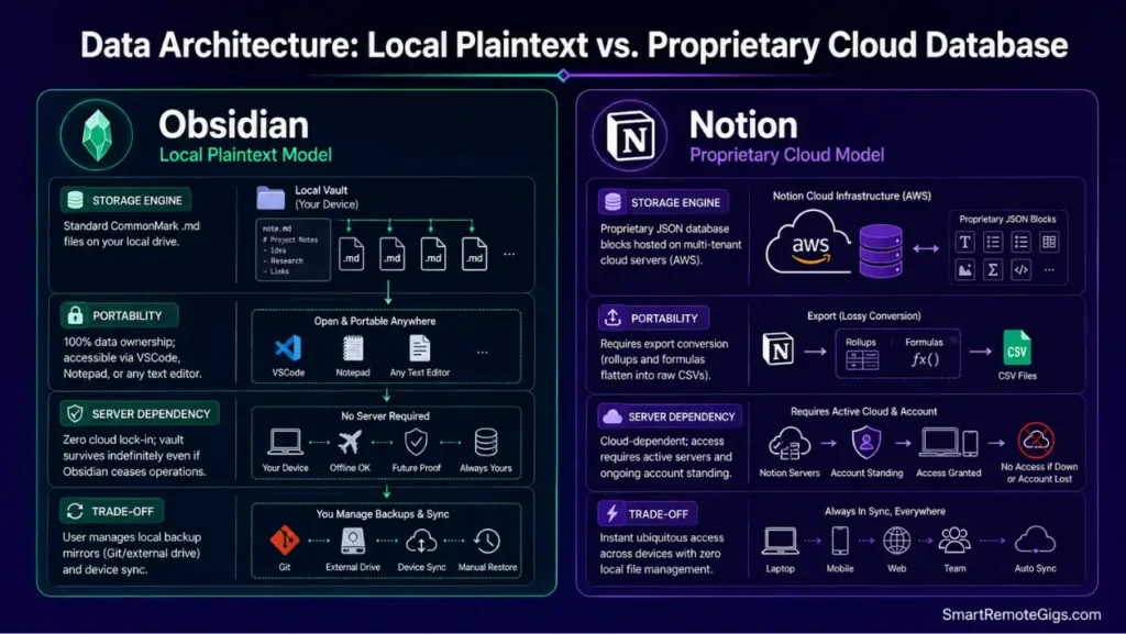Infographic comparing Obsidian local Markdown file storage with Notion proprietary cloud database blocks and data portability.