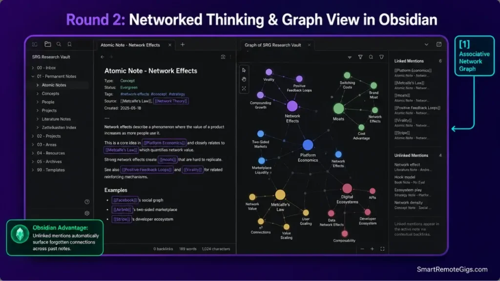 Obsidian desktop screenshot demonstrating bi-directional linking, unlinked mentions panel, and an interactive local knowledge graph.