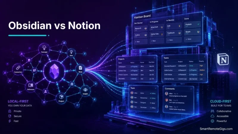 Obsidian vs Notion 2026 comparison guide hero visual showing an organic networked knowledge graph contrasting with a structured cloud database workspace.