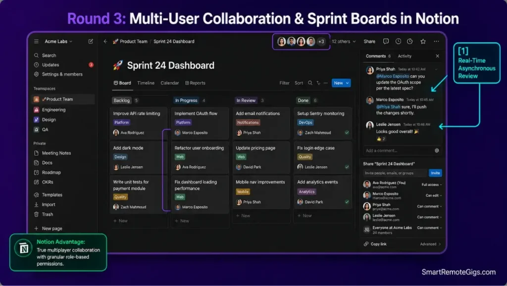Notion workspace screenshot showing real-time multiplayer editing, team Kanban boards, assigned task properties, and permission controls.