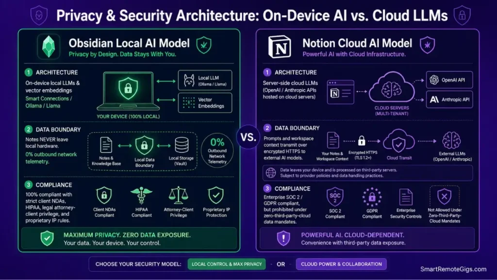 Infographic comparing on-device private local AI in Obsidian with cloud-hosted AI data processing in Notion.