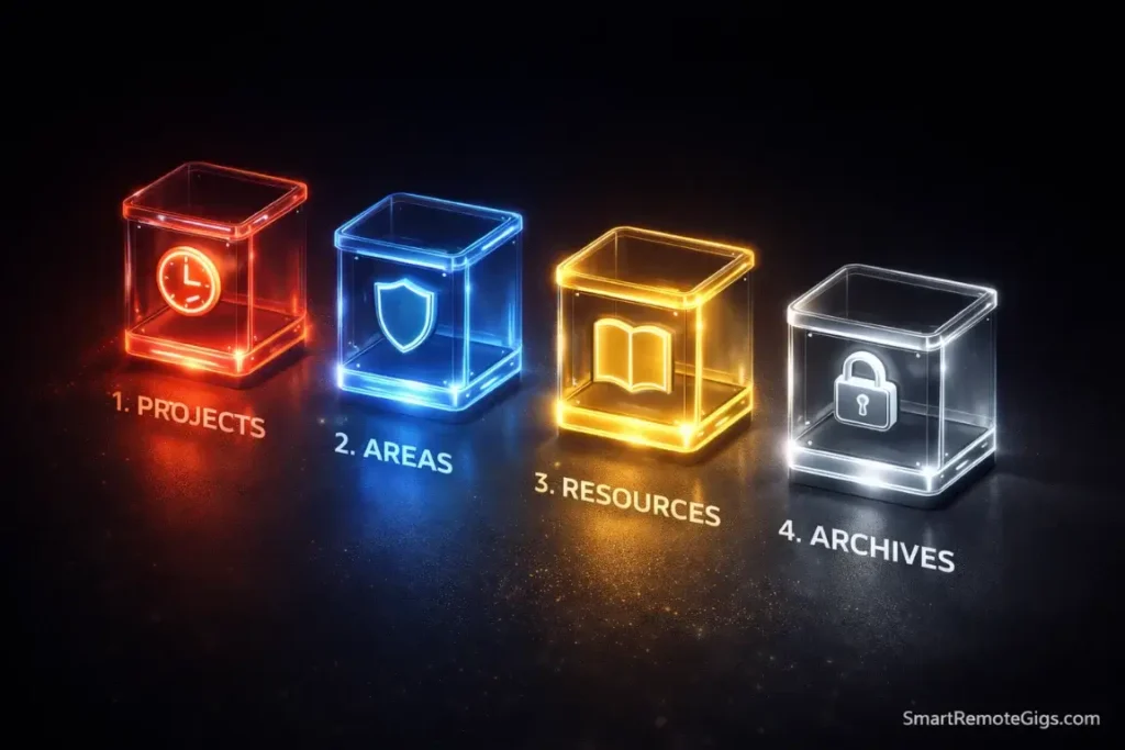 Isometric 3D icons representing the four categories of the PARA method.