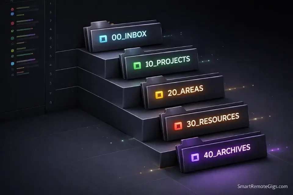 3D isometric folder structure showing the numbered PARA system in Obsidian.