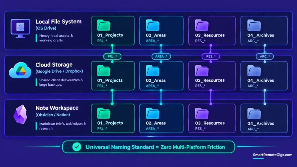 Diagram showing identical PARA folder structures mirrored across local OS drives, cloud storage, and note workspaces.