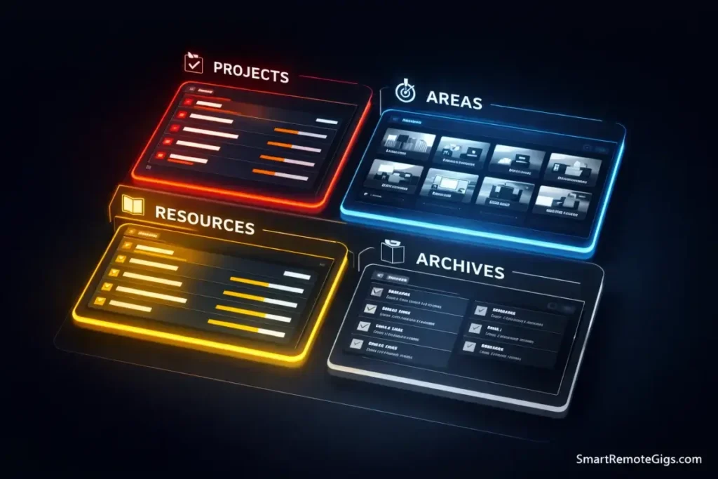 An isometric diagram showing the four sections of the PARA method on a digital dashboard.