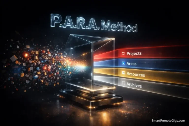 A futuristic illustration of the PARA method sorting digital chaos into order.