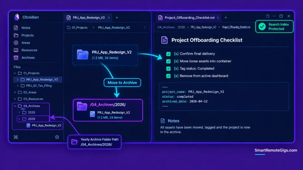 Obsidian workspace showing a completed project directory being moved to yearly cold archives with an offboarding checklist.