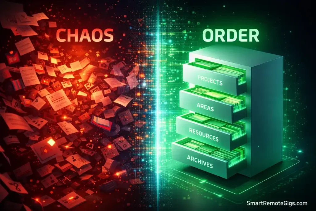 A visual comparison between a chaotic digital mess and the organized PARA method structure.