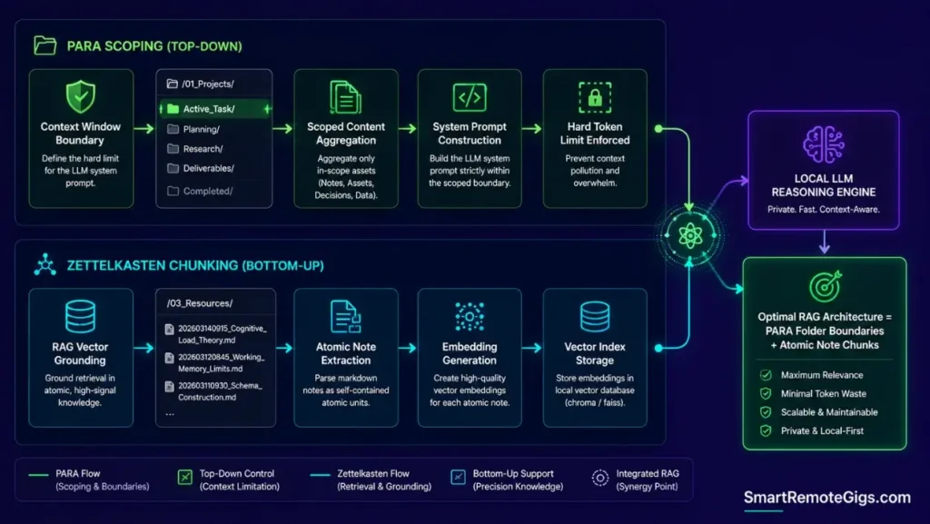 Technical diagram showing how PARA folders scope LLM context windows while Zettelkasten atomic notes provide clean retrieval chunks for local AI RAG.