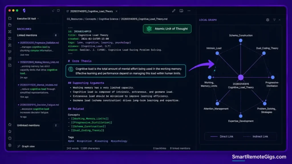 Obsidian atomic Zettelkasten note with YAML frontmatter, core thesis statement, and active bidirectional local graph view.