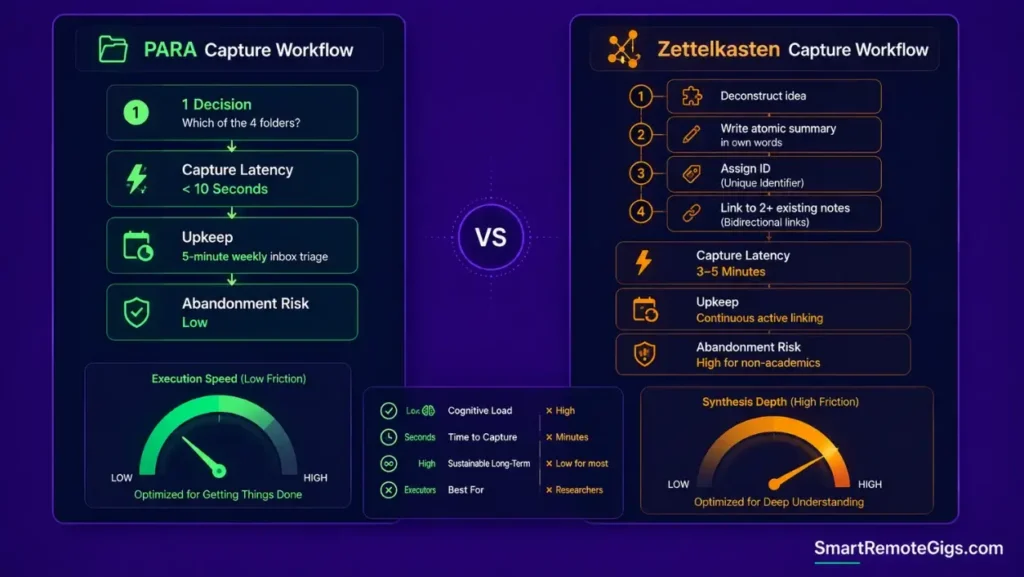 Infographic comparing capture latency, daily upkeep time, and abandonment risk between the PARA method and Zettelkasten.