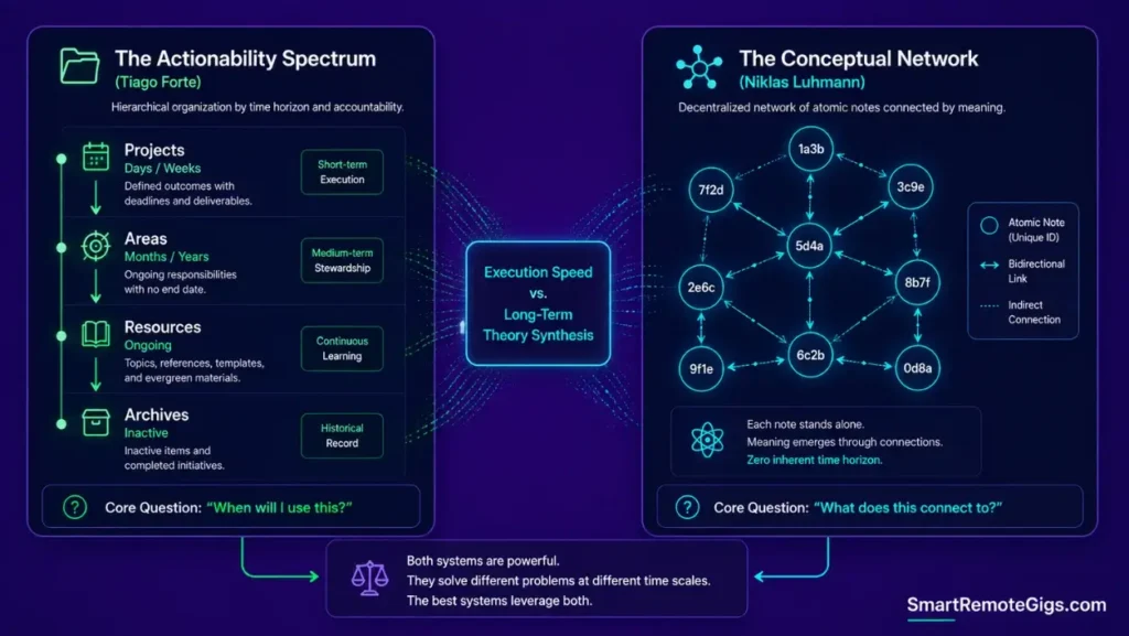 Architecture diagram comparing the PARA actionability spectrum with the Zettelkasten decentralized atomic concept network.