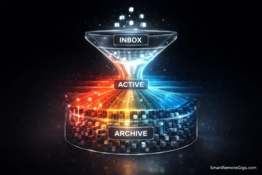 A visualization of the lifecycle of a note moving from Inbox to Archive in the PARA system.
