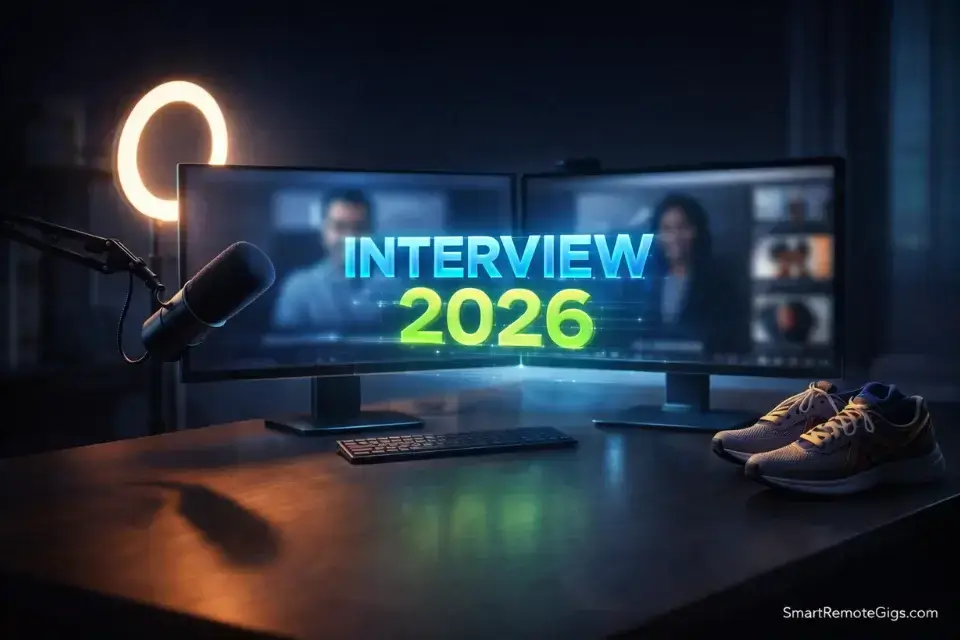 A professional home office video interview setup with 3D holographic title text.