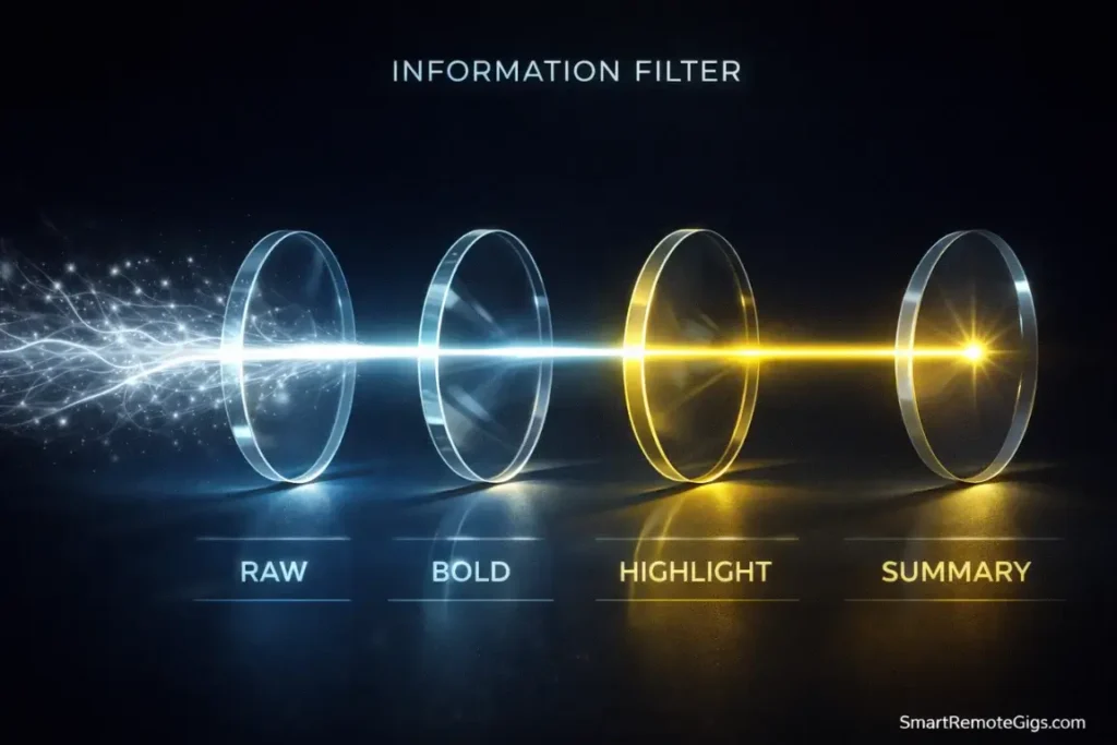 A visual representation of Progressive Summarization filtering raw information into a summary.