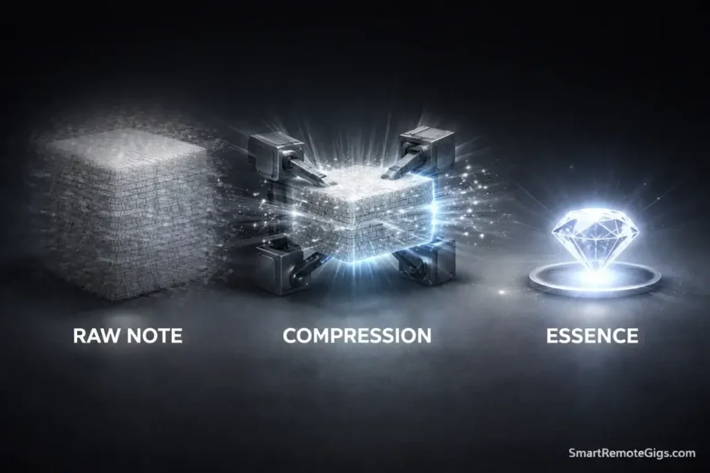 Visual metaphor for Progressive Summarization: compressing a large raw note into a valuable diamond.