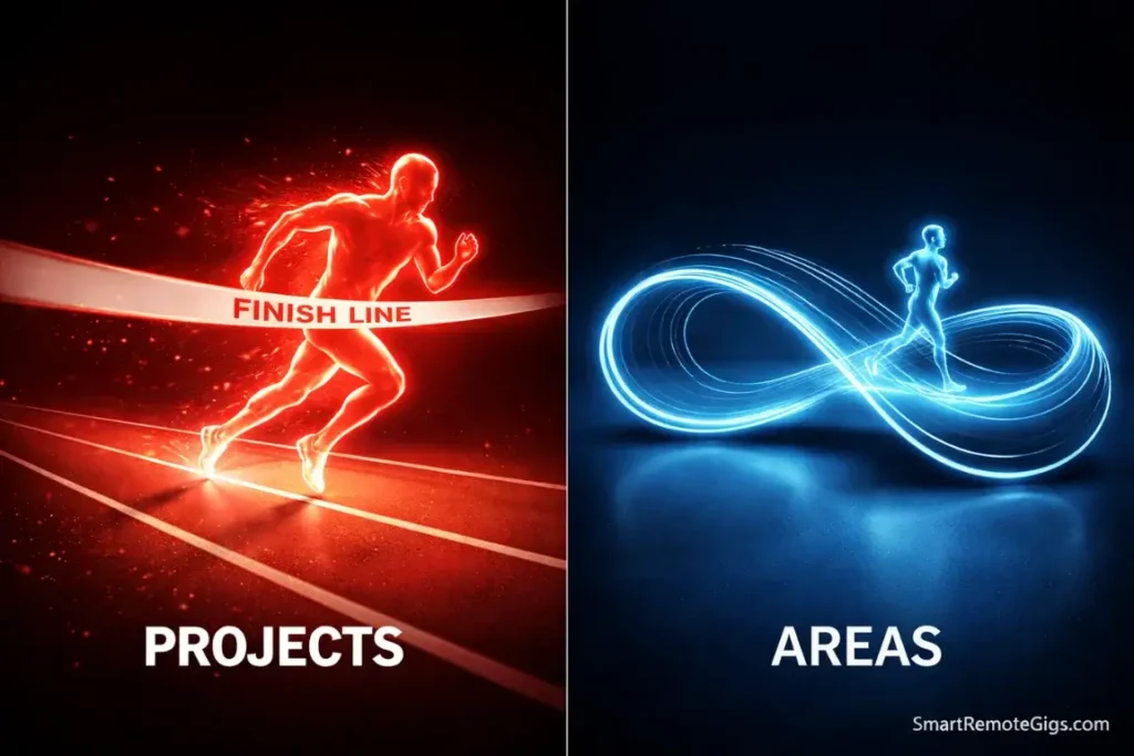 A visual metaphor comparing Projects (a sprint to a finish line) vs Areas (an infinite loop of maintenance).