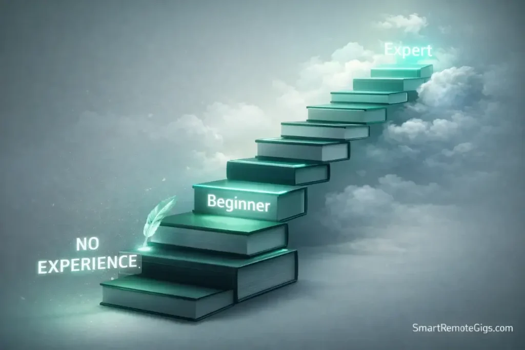 A visual ladder representing the career steps of a proofreader starting with no experience.