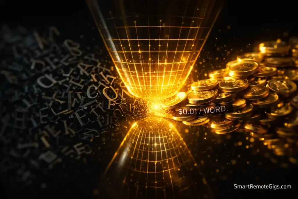 Letters turning into gold coins, illustrating the "per word" pricing model.