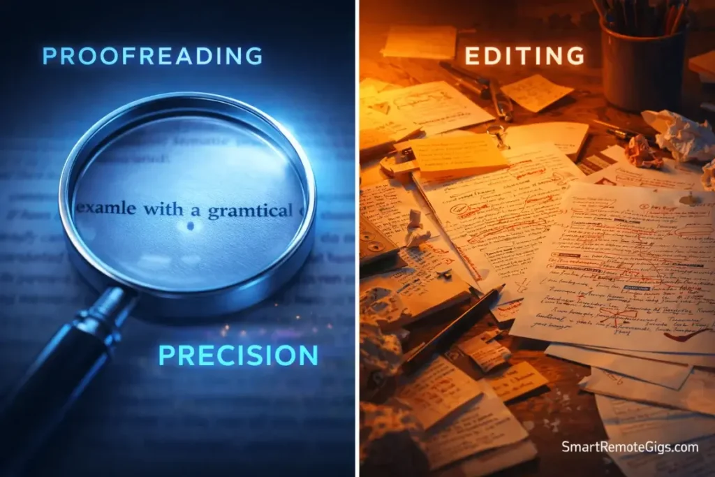 A split image contrasting the precise nature of proofreading with the creative chaos of editing.