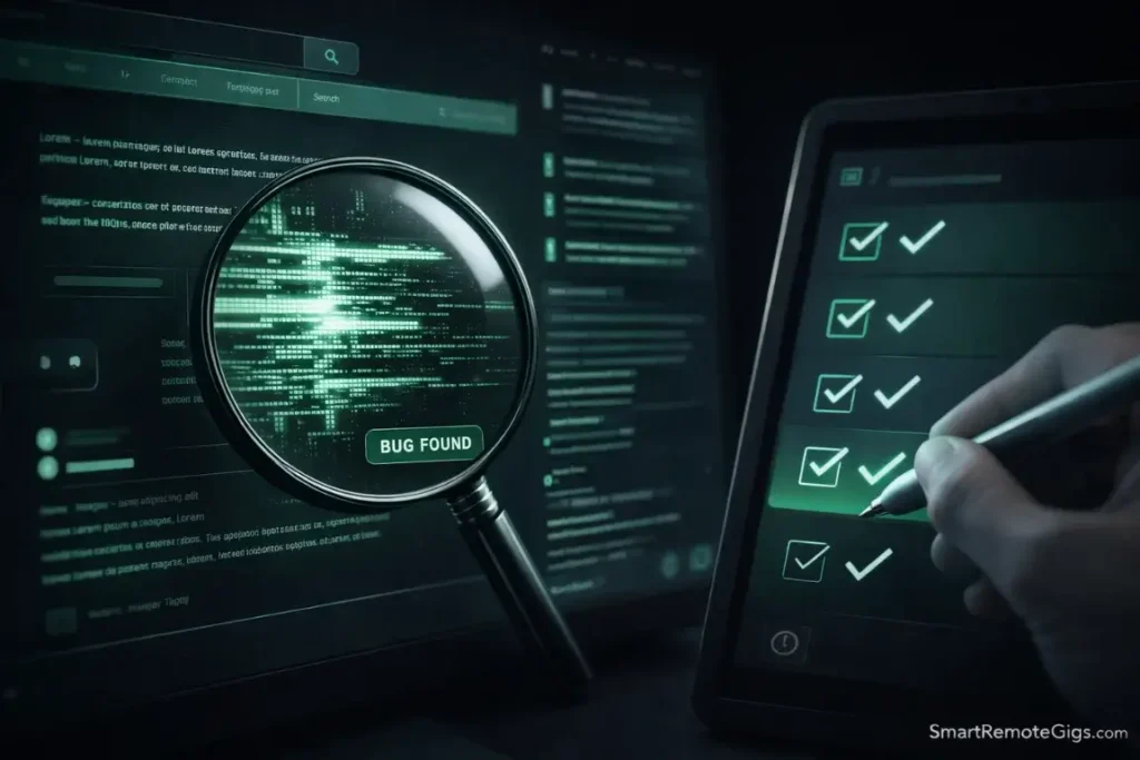 A close-up of a QA tester finding a bug on a website, representing non-coding tech jobs.