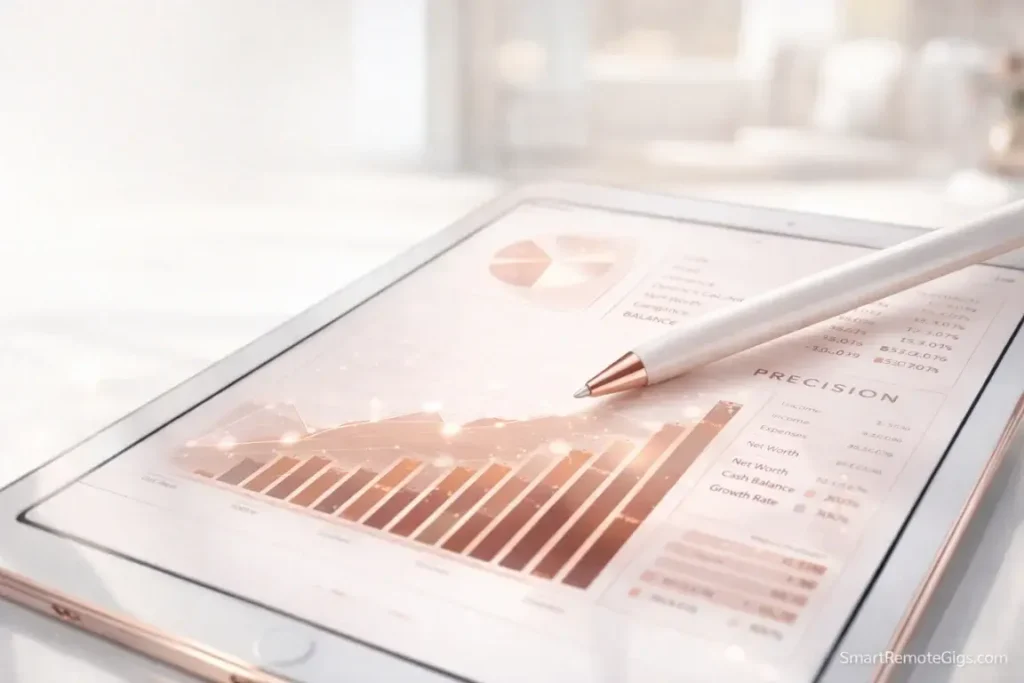 A high-end financial dashboard representing remote bookkeeping and executive assistant work.