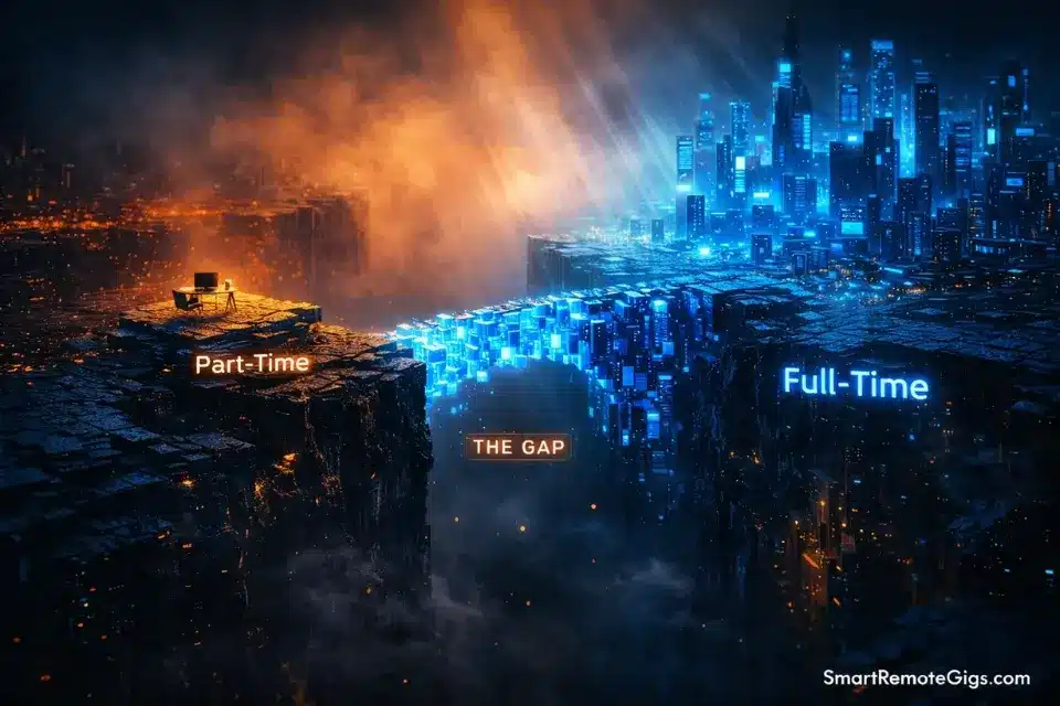 A digital bridge spanning a canyon between part-time work and a full-time career.