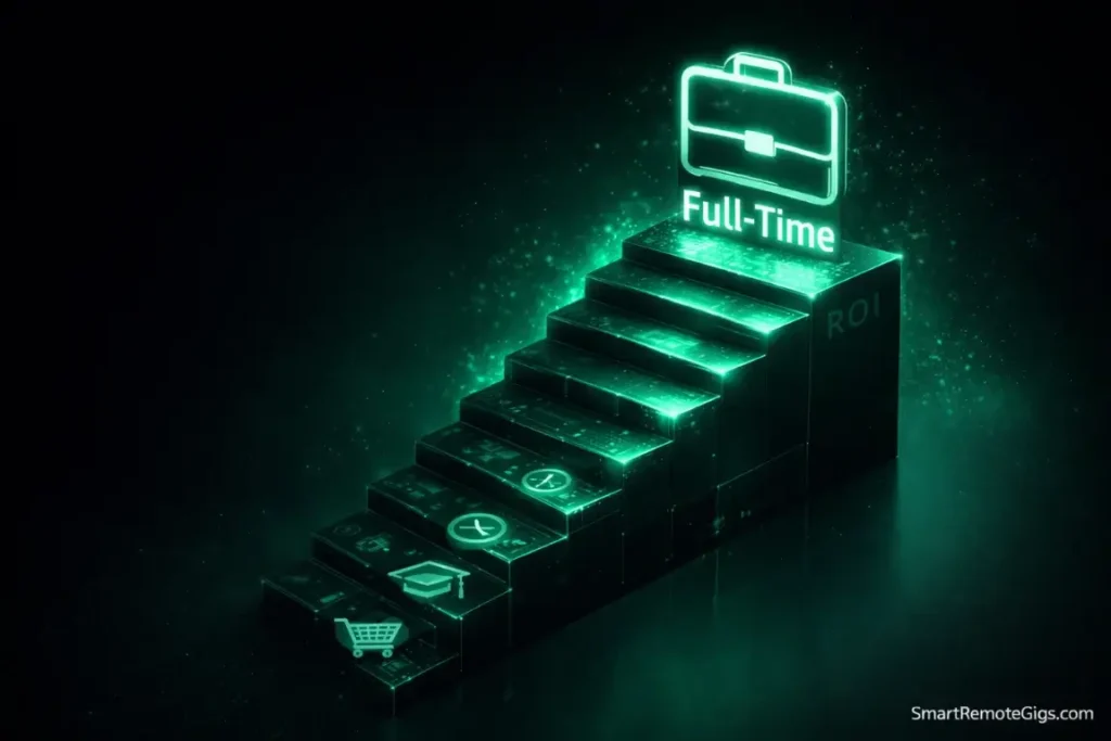A digital staircase showing the growth from part-time remote work to a full-time career.