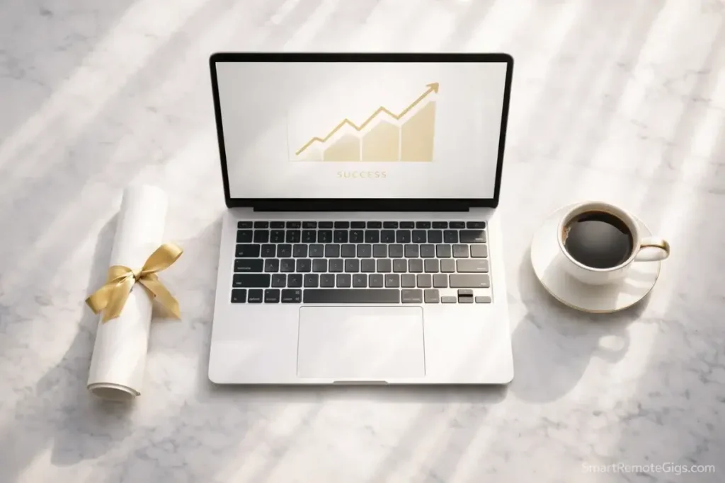 A clean desk with a diploma and a laptop showing financial growth.