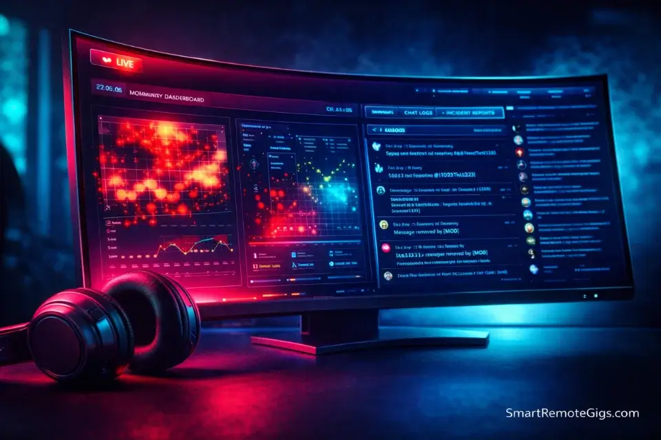 A high-tech community moderation dashboard glowing in pink and blue.