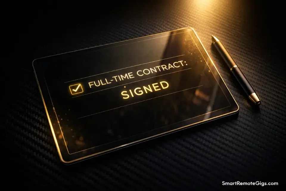 A premium desk setup showing a signed full-time remote contract on a glass tablet.