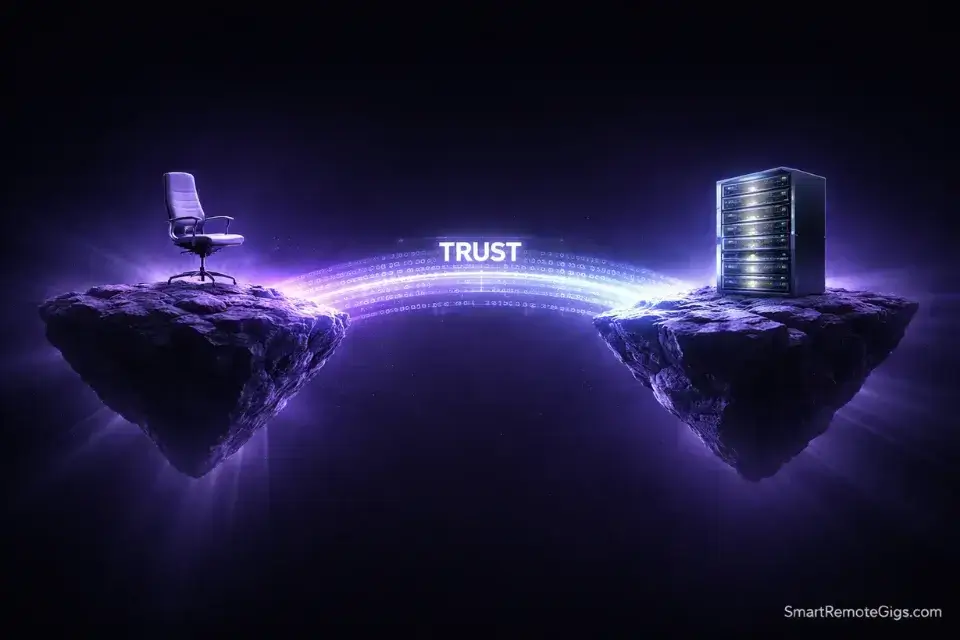 A conceptual digital bridge connecting a remote worker to a company, representing trust and reliability.