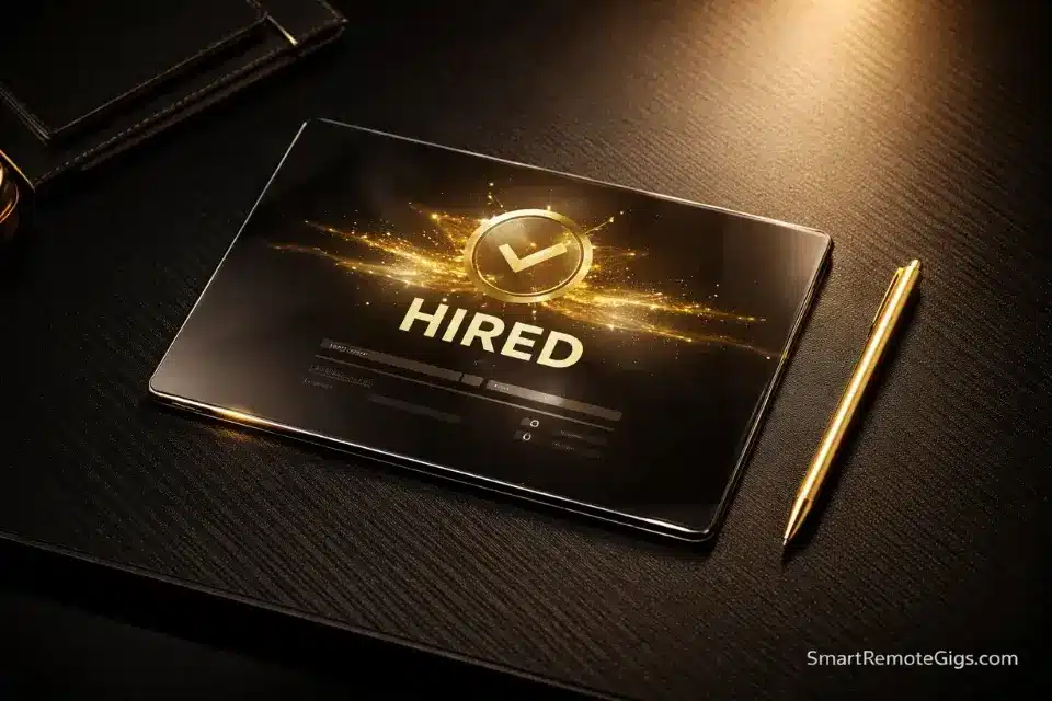 A premium desk setup showing a successful remote job application notification.