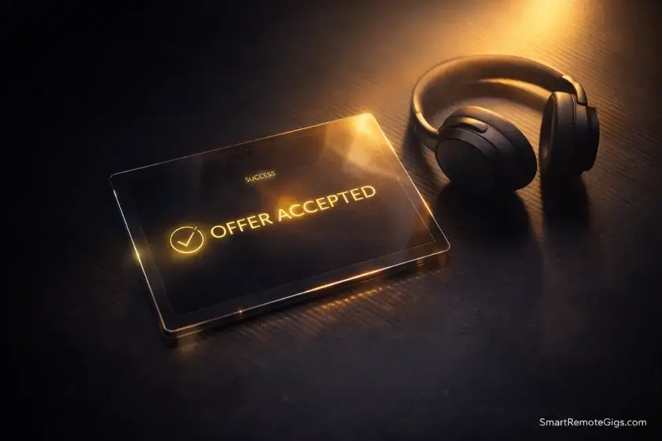 A premium desk setup showing a successful remote job offer notification on a glass tablet.