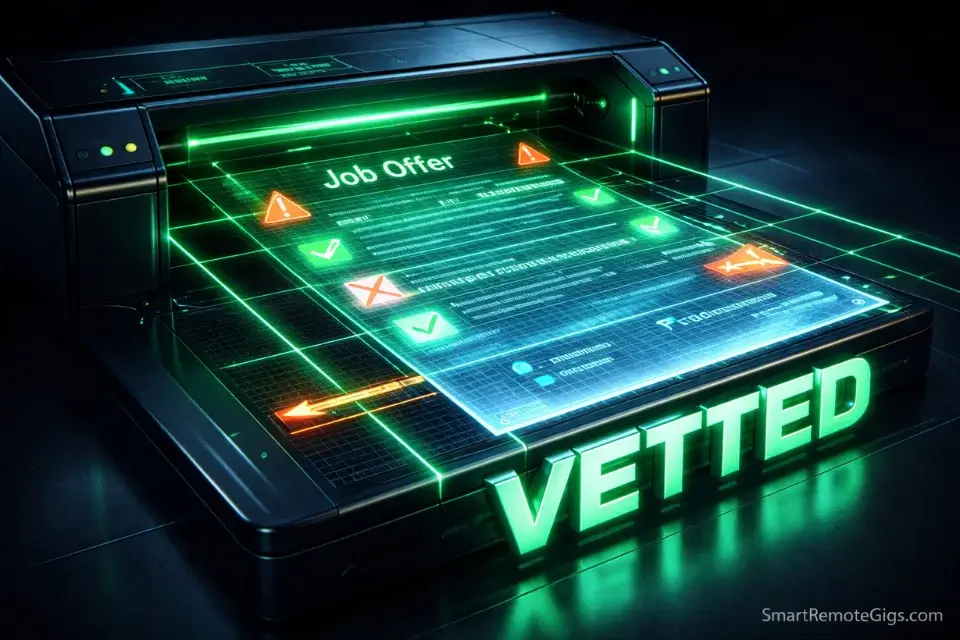 A conceptual 3D digital scanner verifying remote job offers to prevent student-targeted scams.