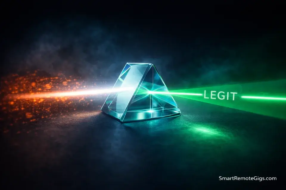 A conceptual prism separating job scams from legitimate remote opportunities.