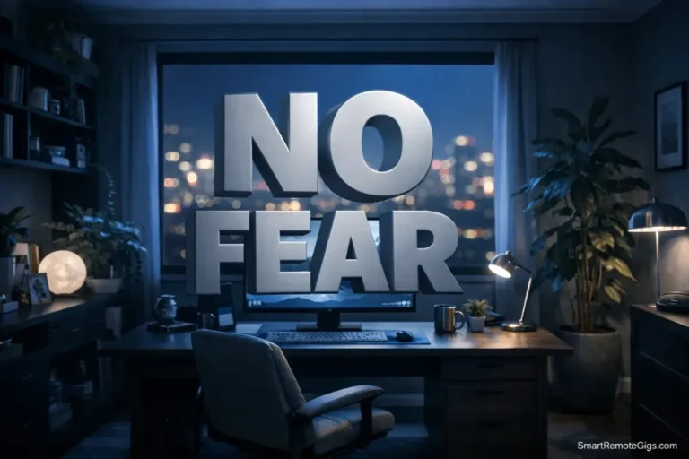 A calm, protected home office workspace at night with the text "NO FEAR," symbolizing anxiety-free remote work.
