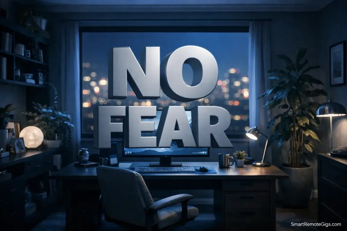 A calm, protected home office workspace at night with the text "NO FEAR," symbolizing anxiety-free remote work.