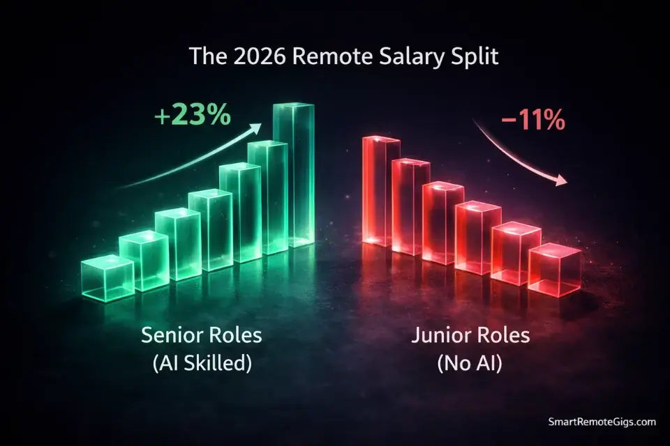 Bar graph illustrating Remote Work Salary Trends for 2026. Data shows Senior Roles with AI skills increased by +23%, while Junior Roles without AI skills decreased by -11%.