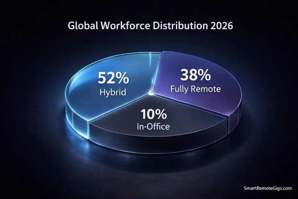 Pie chart showing Global Remote Workforce Distribution in 2026: 52% Hybrid, 38% Fully Remote, and only 10% Full-Time In-Office.