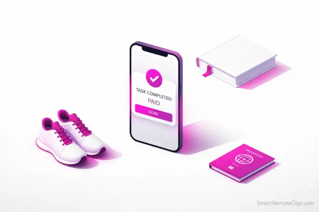 A 3D isometric visual showing a completed work task next to items representing personal freedom and leisure.