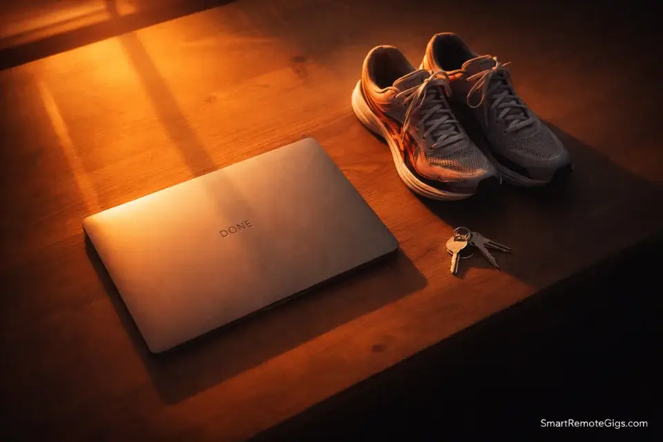 A closed laptop next to running shoes, symbolizing the end of a remote workday.