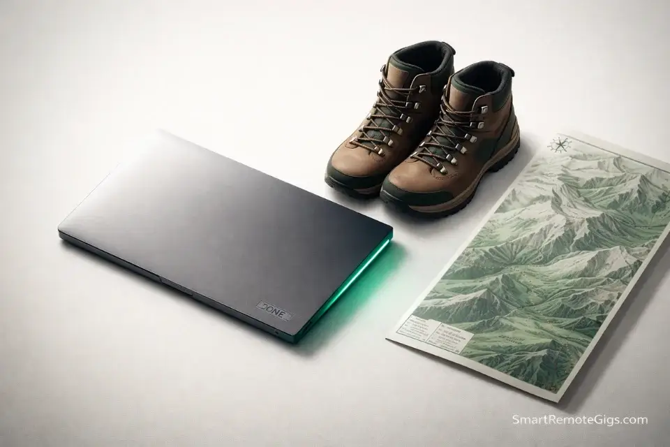 A closed laptop next to hiking gear, representing a successful weekend work-life balance.