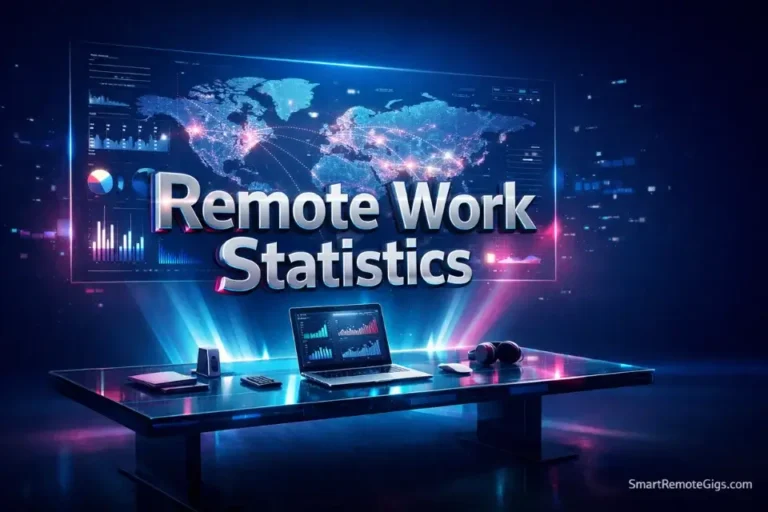 3D illustration of a futuristic remote work setup with holographic data charts representing 2026 statistics.