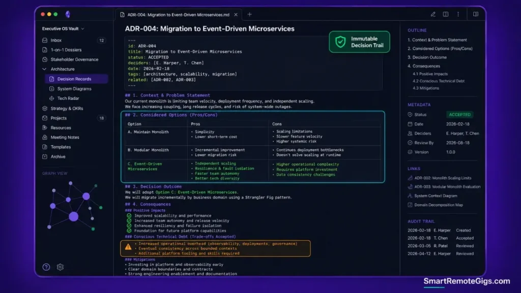 Architecture Decision Record (ADR) template in Markdown showing decision status, trade-off analysis, and conscious technical debt documentation.